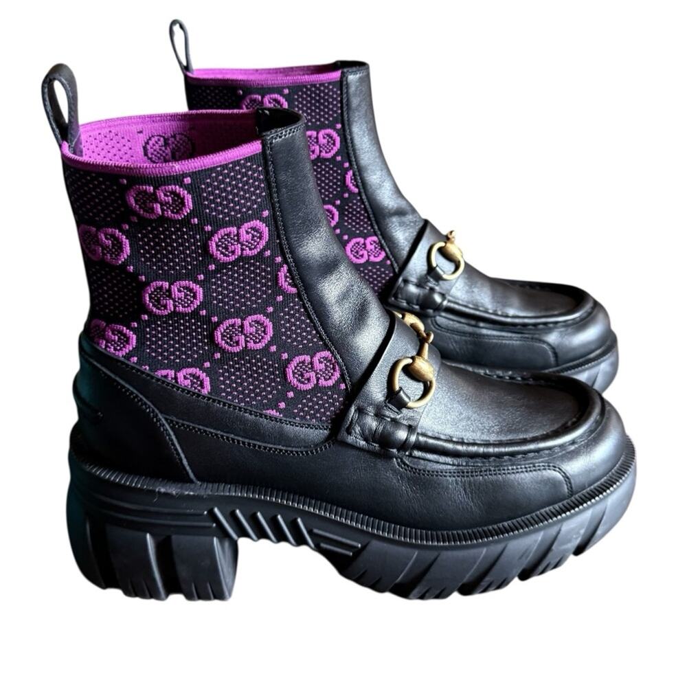 Gucci Quebec Leather Technical  GG Monogram Horsebit Ankle Boots EU 38 US 8